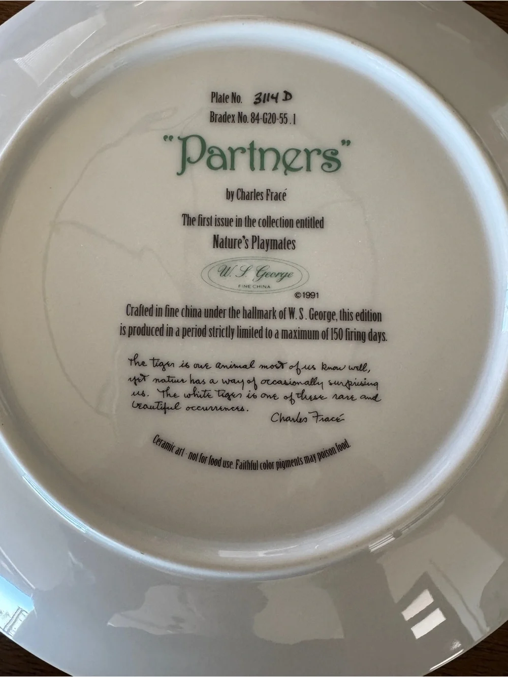 Charles Fracé “Partners” White Tiger Collector Plate – W.S. George 1991